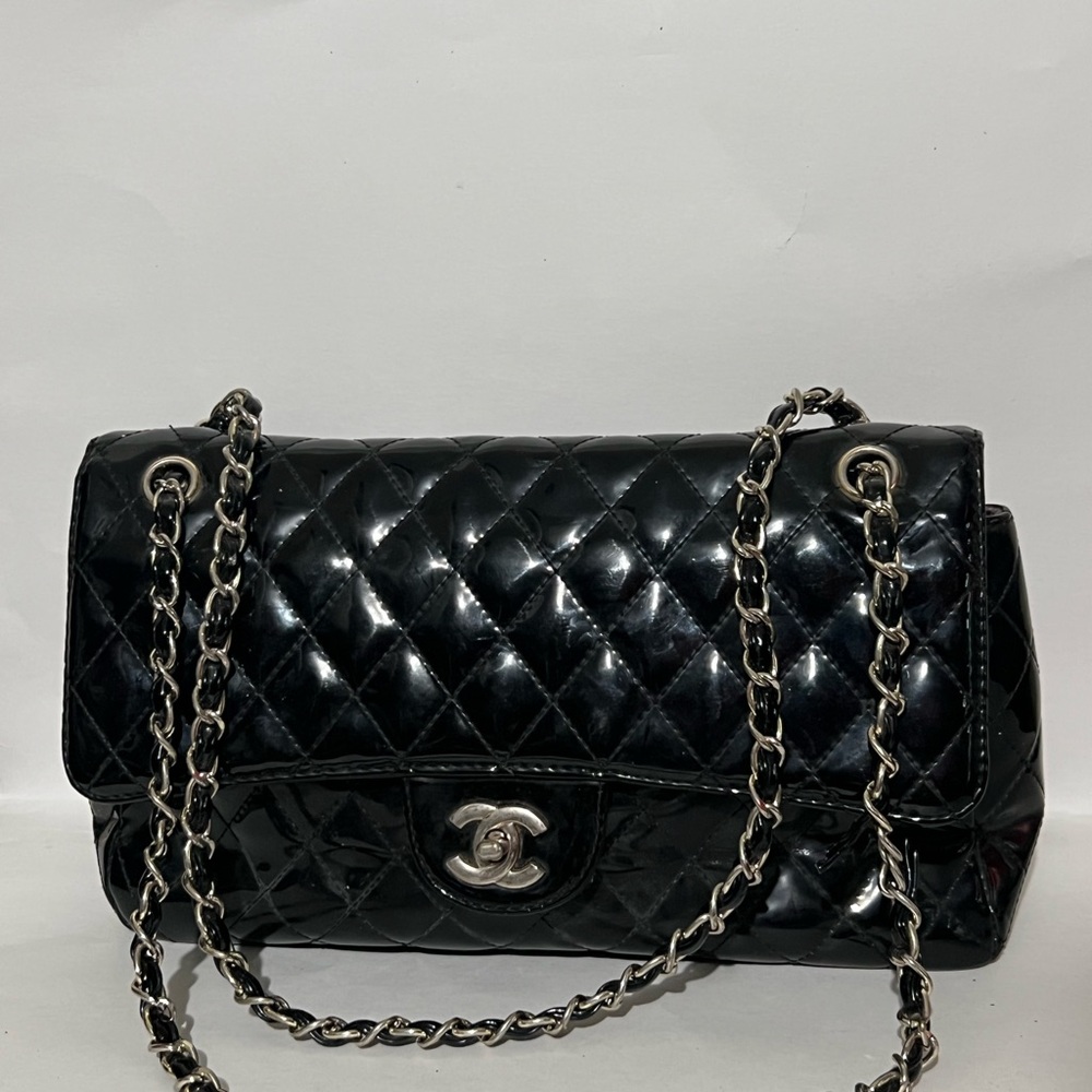 Black Quilted Patent Leather Shoulder Bag with Silver Chain